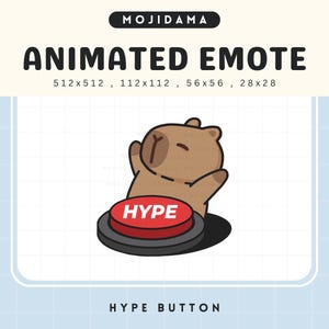 May include: An animated emote featuring a brown bear character with its arms raised, standing next to a red button labeled "HYPE". The image includes the text "MOJIDAMA" and "ANIMATED EMOTE". The button is labeled "HYPE BUTTON".