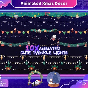 Pode incluir: Decoração de Natal animada com 10 luzes pisca-pisca animadas fofinhas. A decoração apresenta uma variedade de elementos festivos, incluindo guirlandas, bandeiras e um globo de neve. O texto "10x Animated Cute Twinkle Lights" é exibido em uma caixa roxa.