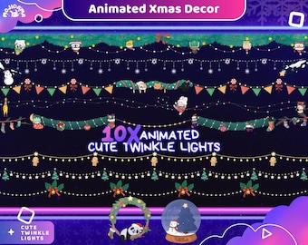 May include: Animated Christmas decor with 10x animated cute twinkle lights. The decor features a variety of festive elements, including garlands, flags, and a snow globe. The text "10x Animated Cute Twinkle Lights" is displayed in a purple box.