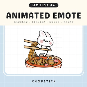 May include: An animated emote featuring a white bunny holding chopsticks with noodles over a bowl of ramen. The bowl is red with a white pattern. Text at the top reads "MOJIDAMA" and "ANIMATED EMOTE". The word "CHOPSTICK" is at the bottom.