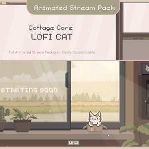 Cat Overlay Animation Twitch Aesthetic Stream Pack Kitty animado Pacote completo Lofi Streamer Cozy Streaming Bundle Cute Cottagecore Vtuber