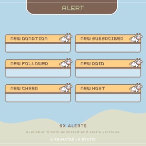 May include: Six animated and static alert screens with a cartoon cow design. The alerts include: New Donation, New Subscriber, New Follower, New Raid, New Cheer, and New Host.