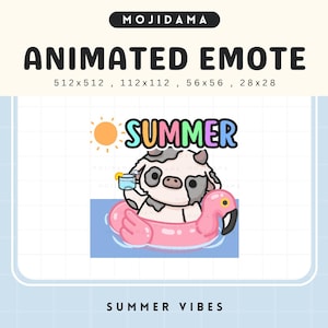 Emotes d&#39;été vache Twitch, animations de plage, émoticônes de ferme d&#39;élevage de bovins, chibi mignon, animation Vtuber, confortable, diffusion en direct, jeux discord, youtube amusant