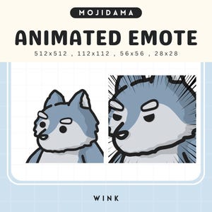 May include: Animated emoji of a blue and white dog with a wink expression. The dog has a surprised look on its face with one eye closed and the other eye wide open. The dog is looking to the right. The emoji is set against a white background with a grid pattern.