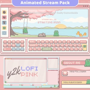 Lofi Pink Stream Animation Frog Overlay Twitch Pack Fofo Animado Urso Pato Gato Alerta Pacote de Streaming Completo Obs Streamlabs Aesthetic Vtuber