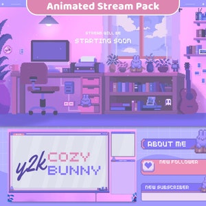 Pacchetto streaming animato Y2K Cozy Bunny: sovrapposizione Twitch viola e rosa