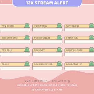 May include: A collection of 12 stream alert graphics in a Y2K lo-fi style. Each alert has a light yellow bar with text and a pixelated green frog. Alerts include "New Cheer," "Hype Train," and "New Subscriber."