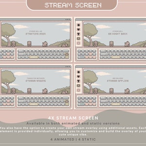 May include: Four animated and four static stream screen overlays featuring a pixelated landscape with a tree and animals. The text on the screens reads "Stream will be starting soon", "Stream will be right back", "Thanks for watching, stream ending", and "Stream offline".