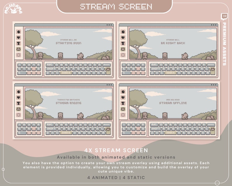 May include: Four animated and four static stream screen overlays featuring a pixelated landscape with a tree and animals. The text on the screens reads "Stream will be starting soon", "Stream will be right back", "Thanks for watching, stream ending", and "Stream offline".