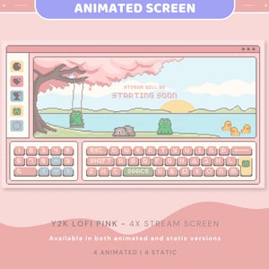 May include: Animated pink and green pixel art stream screen featuring a cherry blossom tree, a frog on a swing, and a keyboard. The text "STREAM WILL BE STARTING SOON" is displayed on the screen.
