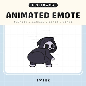 May include: An animated emote featuring a cartoon grim reaper with a skull face and black hooded cloak. The text "ANIMATED EMOTE" is above the image, with size dimensions listed. The word "TWERK" is at the bottom. The background is light blue.