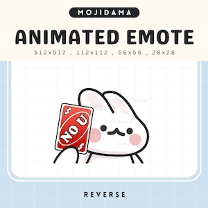 Emotes de conejito para Twitch, animación, tarjeta Uno inversa, lindo conejo chibi animado, divertido stream, emote kawaii, Vtuber, Discord, emoticono de patada, emoji tonto