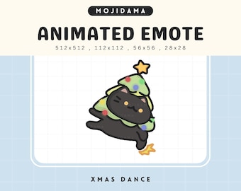 Puede incluir: Emoticón animado de un gato negro disfrazado de árbol de Navidad, con una estrella en la parte superior. El texto "MOJIDAMA" y "ANIMATED EMOTE" están presentes, junto con "XMAS DANCE".