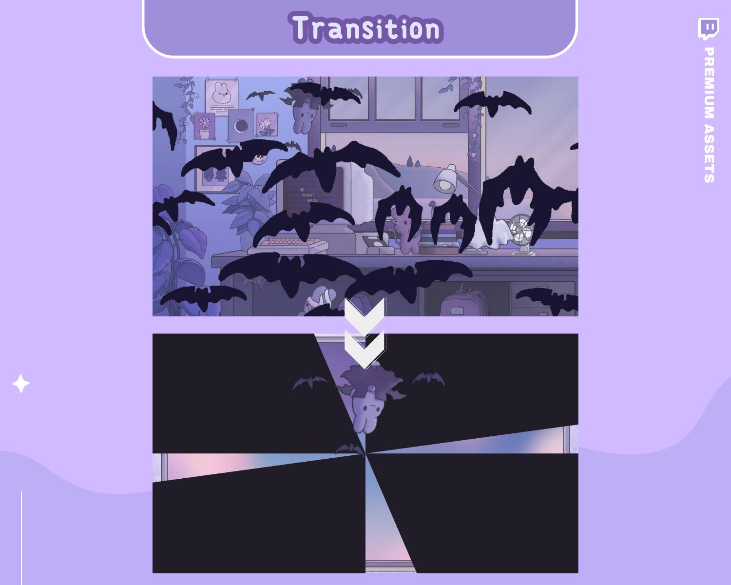 Cute Stream Stinger Transition Animation Bunny Twitch OBS Streamlabs Overlay Scenes Switch Screens Purple Pink Blue Youtube Cat Glitch Kick