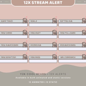 May include: A set of 12 animated and static Twitch stream alerts featuring a pixelated bear design. The alerts include: Hype Train, Goals, Gifted Sub, New Cheer, New Host, New Follower, New Subscriber, Prime Sub, Resubscribed, New Donation, New Raid, and Welcome Back.