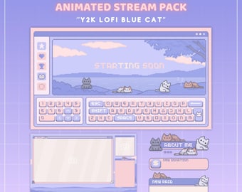 May include: An animated stream pack titled Y2K LOFI BLUE CAT featuring pixel art graphics in shades of blue and pink. The set includes a starting soon screen with cats, a keyboard layout, camera overlays, and panels labeled ABOUT ME, NEW DONATION, and NEW RAID.
