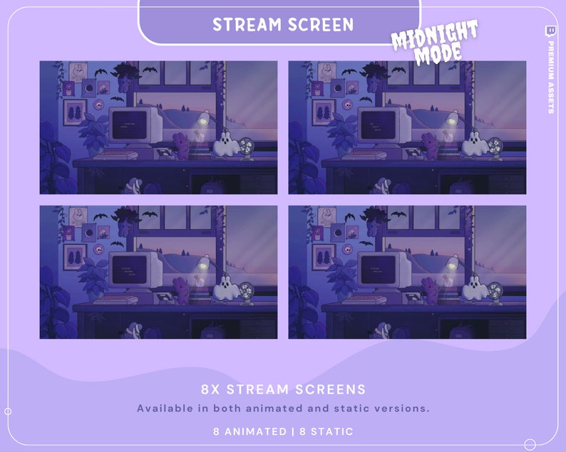Puede incluir: Una ilustraci&oacute;n digital de una pantalla de computadora con un esquema de color morado y azul. La pantalla muestra un escritorio de computadora con una ventana abierta a un editor de c&oacute;digo. El escritorio est&aacute; decorado con un fantasma, una l&aacute;mpara y una planta. El texto "MODO NOCHE" se muestra en la esquina superior derecha de la imagen.