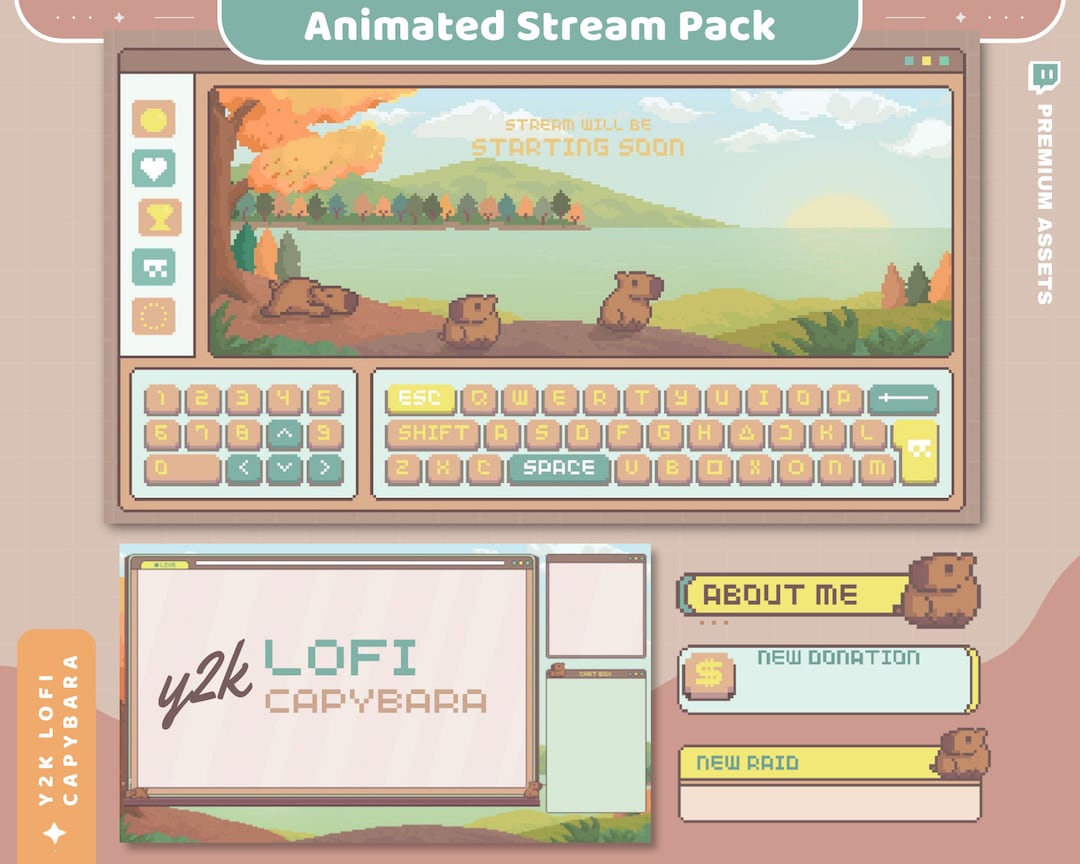 Capybara Twitch Stream Overlay: Animated Cozy Lofi Vtuber Streamer Pack ...