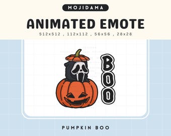 以下が含まれることがあります： ジャック・オ・ランタンとスクリームマスク、そして「BOO」の文字が描かれたアニメーション絵文字。カボチャはオレンジ色で顔が彫られています。スクリームマスクは白黒です。「MOJIDAMA」の文字が上部にあります。