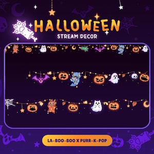 May include: A purple Halloween-themed graphic with the words "HALLOWEEN STREAM DECOR." The design features string lights with pumpkins, ghosts, bats, and cat characters. The text "LA-BOO-BOO X PURR-K-POP" is at the bottom.