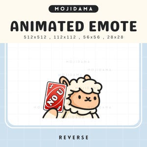 Emoticones animados de alpaca, carta de Uno inversa, animación de Twitch, llama chibi linda, divertido emoticono kawaii de transmisión, Vtuber, Discord, emoticono de patada, emoji tonto