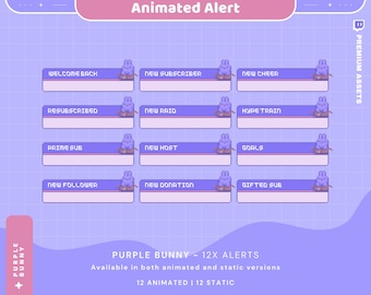 May include: A set of animated alert graphics with a purple bunny theme. Each alert features a rectangular bar with text such as "Welcome Back" and "New Subscriber." A pixelated purple bunny sits atop each bar. The background is a light purple grid.