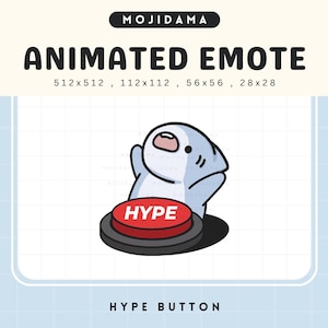 May include: An animated emote featuring a cartoon shark with a surprised expression, raising a fin above a red "HYPE" button. The image includes the text "MOJIDAMA" and "ANIMATED EMOTE" with size specifications.