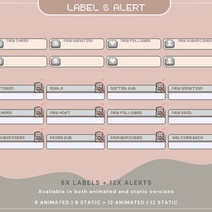 May include: A pink and white digital illustration of animated labels and alerts for Twitch streamers. The labels and alerts feature a cartoon character with a brown body and a pink nose. The text on the labels and alerts includes "New Cheer", "New Donation", "New Follower", "New Subscriber", "Hype Train", "Goals", "Gifted Sub", "New Donation", "New Cheer", "New Host", "New Follower", "New Raid", "New Subscriber", "Prime Sub", "Resubscribed", and "Welcome Back".