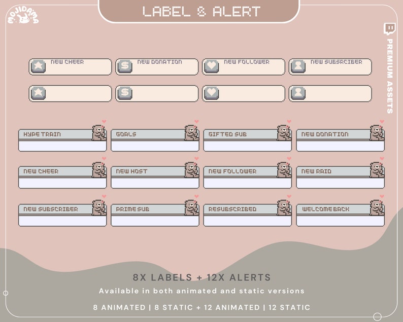 May include: A pink and white digital illustration of animated labels and alerts for Twitch streamers. The labels and alerts feature a cartoon character with a brown body and a pink nose. The text on the labels and alerts includes "New Cheer", "New Donation", "New Follower", "New Subscriber", "Hype Train", "Goals", "Gifted Sub", "New Donation", "New Cheer", "New Host", "New Follower", "New Raid", "New Subscriber", "Prime Sub", "Resubscribed", and "Welcome Back".