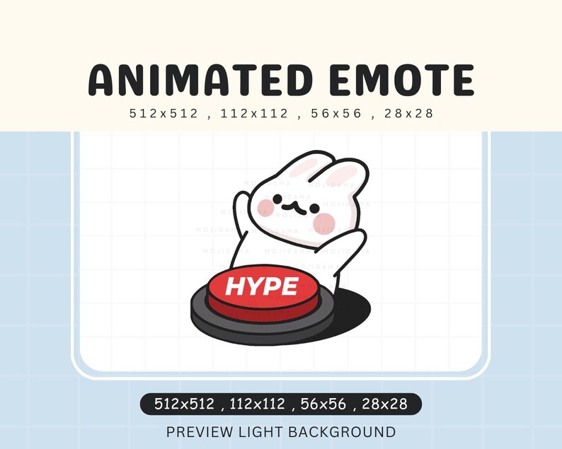 May include: Animated emote of a white bunny with raised arms, in front of a red "HYPE" button. The image includes text that says "ANIMATED EMOTE" and size dimensions.