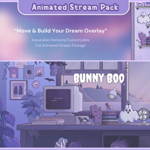 Cosy Twitch Overlay Animation Cute Halloween Bunny Boo Stream Pack Lofi Estético Animado Pacote Completo Roxo Azul Rosa Coelho Gato Vtuber