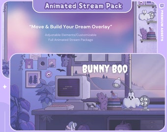 Cozy Twitch Overlay Animation Cute Halloween Bunny Boo Stream Pack Lofi Aesthetic Animated Full Package Purple Blue Pink Rabbit Cat Vtuber