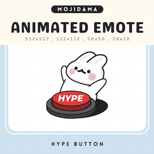 Puede incluir: Un emote animado con un conejito blanco con los brazos levantados, frente a un botón rojo "HYPE". La imagen incluye el texto "MOJIDAMA" y "ANIMATED EMOTE" con dimensiones de tamaño.