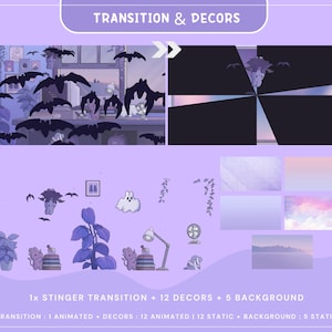 Puede incluir: Una ilustraci&oacute;n digital p&uacute;rpura y blanca de una transici&oacute;n stinger, 12 elementos de decoraci&oacute;n animados y est&aacute;ticos, y 5 im&aacute;genes de fondo est&aacute;ticas. La transici&oacute;n presenta una pantalla negra con un efecto de pantalla dividida. Los elementos de decoraci&oacute;n incluyen un fantasma, murci&eacute;lagos, plantas y una l&aacute;mpara. Las im&aacute;genes de fondo incluyen un cielo p&uacute;rpura con nubes, una cordillera p&uacute;rpura y un oc&eacute;ano p&uacute;rpura.