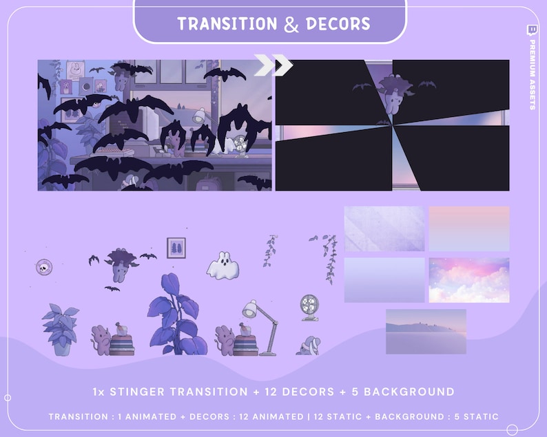 Puede incluir: Una ilustraci&oacute;n digital p&uacute;rpura y blanca de una transici&oacute;n stinger, 12 elementos de decoraci&oacute;n animados y est&aacute;ticos, y 5 im&aacute;genes de fondo est&aacute;ticas. La transici&oacute;n presenta una pantalla negra con un efecto de pantalla dividida. Los elementos de decoraci&oacute;n incluyen un fantasma, murci&eacute;lagos, plantas y una l&aacute;mpara. Las im&aacute;genes de fondo incluyen un cielo p&uacute;rpura con nubes, una cordillera p&uacute;rpura y un oc&eacute;ano p&uacute;rpura.