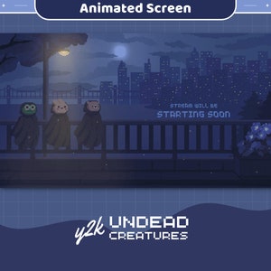 May include: A pixelated animated screen with a cityscape in the background. Three cartoon characters are standing on a bridge in front of a fence. The text "STREAM WILL BE STARTING SOON" is displayed in the center of the screen.
