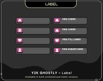 May include: A set of four animated Twitch chat alerts with a pixelated design. The alerts are for new cheers, new followers, and new subscribers. The alerts are in a dark gray color scheme with pink accents.