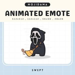 Pode incluir: Um emote animado com um personagem de desenho animado em um manto preto com capuz e uma máscara branca, segurando uma vassoura. O texto "ANIMATED EMOTE" e "MOJIDAMA" estão no topo. A palavra "SWEPT" está na parte inferior.