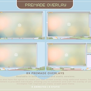 May include: Eight animated and eight static premade stream overlays with a pastel color scheme and a Y2K-inspired design. The overlays feature a blurred background with a landscape scene and a camera icon. The text "PREMADE OVERLAY" is at the top of the image. The text "8 ANIMATED | 8 STATIC" is at the bottom of the image.