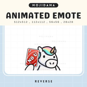 Emoticones animados de unicornio, carta de Uno inversa, animación de Twitch, lindo, chibi, divertido, streaming, emote kawaii, Vtuber, Discord, Kick Emot, emoji tonto en vivo