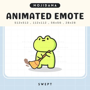 May include: A light green cartoon frog sweeping with a broom. The image includes the text "MOJIDAMA" at the top and "ANIMATED EMOTE" in bold letters. The word "SWEPT" is at the bottom of the image.