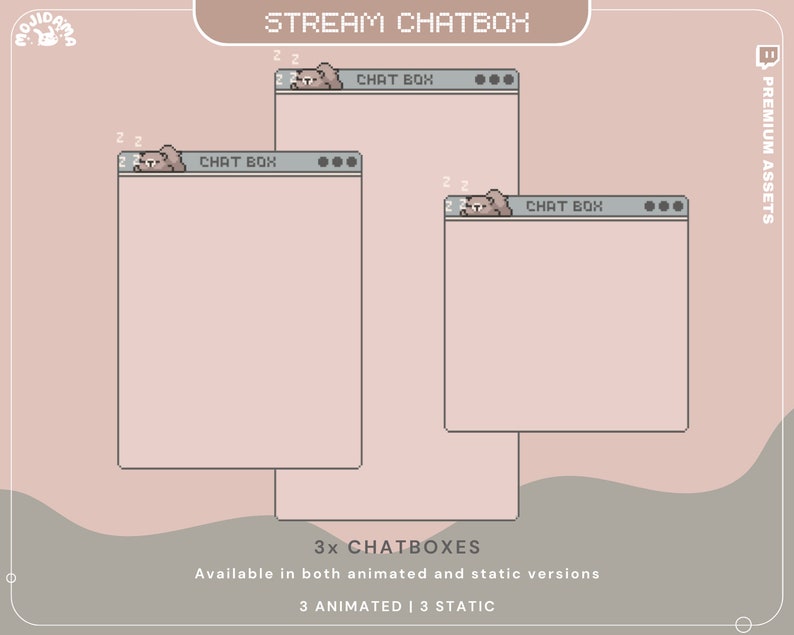 May include: Three animated chat boxes with a cartoon animal sleeping on the top bar. The chat boxes are labeled "CHAT BOX" and have a light gray background. The image is set against a light pink background with a gray wave at the bottom.