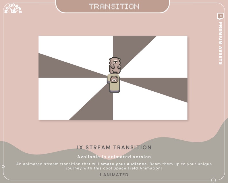 May include: Animated stream transition featuring a pixelated bear wearing a shirt with a bear graphic. The transition is set against a white background with brown diagonal lines. The text "1X STREAM TRANSITION" and "Available in animated version" is displayed below the image. The text "An animated stream transition that will amaze your audience. Beam them up to your unique journey with this cool Space Field Animation!" is displayed below the text. The text "1 ANIMATED" is displayed below the previous text.