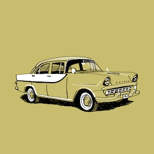 May include: A detailed line drawing of a classic Holden sedan in beige and white, set against an olive-green backdrop. The illustration includes the Holden logo and license plate, showcasing a vintage car design.
