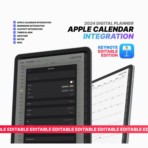 Planificador digital editable 2024 con integración de calendario de Apple e importación de eventos (Keynote)