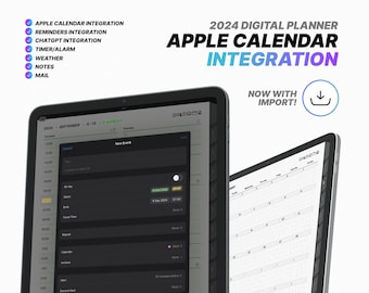 Könnte beinhalten: Eine digitale Planer-App-Oberfläche auf dem Bildschirm eines Tablets. Die App ist auf eine Kalenderansicht für September 2024 geöffnet. Die App verfügt über einen Abschnitt "Neues Ereignis" mit Optionen zum Hinzufügen von Details wie Uhrzeit, Ort und Erinnerungen. Die App bietet auch eine Option zum Importieren von Ereignissen aus Apple Calendar. Der Text "2024 Digital Planner Apple Calendar Integration Now with Import!" wird auf dem Bildschirm angezeigt.