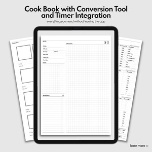 May include: A black and white printable digital planner page for a recipe book. The page includes sections for recipe name, rating, difficulty, servings, prep time, cook time, meal type, notes, ingredients, and directions. The directions section has a grid for writing steps. The page also includes conversion charts for oven temperatures, pounds, and quarts.