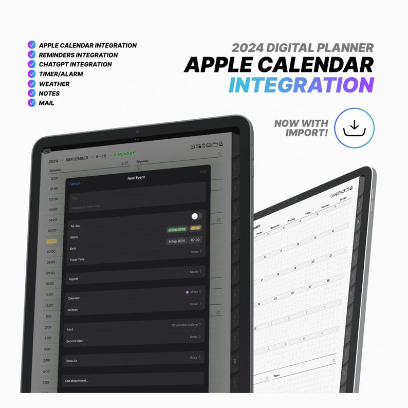 Puede incluir: Una interfaz de aplicaci&oacute;n de planificador digital en la pantalla de una tableta. La aplicaci&oacute;n est&aacute; abierta a una vista de calendario para septiembre de 2024. La aplicaci&oacute;n presenta una secci&oacute;n "Nuevo evento" con opciones para agregar detalles como la hora, la ubicaci&oacute;n y los recordatorios. La aplicaci&oacute;n tambi&eacute;n tiene una opci&oacute;n para importar eventos desde Apple Calendar. El texto "2024 Digital Planner Apple Calendar Integration Now with Import!" se muestra en la pantalla.