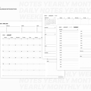 Puede incluir: Un planificador en blanco y negro con un dise&ntilde;o de cuadr&iacute;cula para la planificaci&oacute;n diaria, semanal y mensual. El planificador incluye secciones para notas, tareas, objetivos y eventos. El planificador est&aacute; dise&ntilde;ado para su uso en 2024 e incluye el texto "2024 Planner with Apple Calendar Integration (DiscoverNotes.co)".
