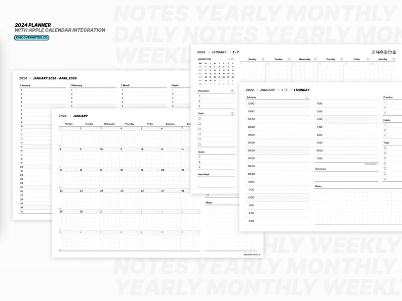 Puede incluir: Un planificador en blanco y negro con un dise&ntilde;o de cuadr&iacute;cula para la planificaci&oacute;n diaria, semanal y mensual. El planificador incluye secciones para notas, tareas, objetivos y eventos. El planificador est&aacute; dise&ntilde;ado para su uso en 2024 e incluye el texto "2024 Planner with Apple Calendar Integration (DiscoverNotes.co)".